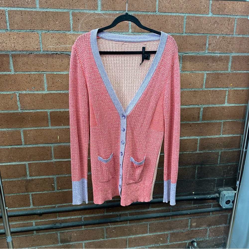 Marc by Marc Jacobs Coral-Pink Cardigan with Light Lilac Trim and Cream Colors
